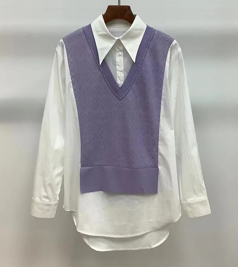 

One Piece Sweater 2023 Autumn Winter Tops High Quality Lady White Turn-down Collar Cotton Knitted Patchwork Long Sleeve Sweater