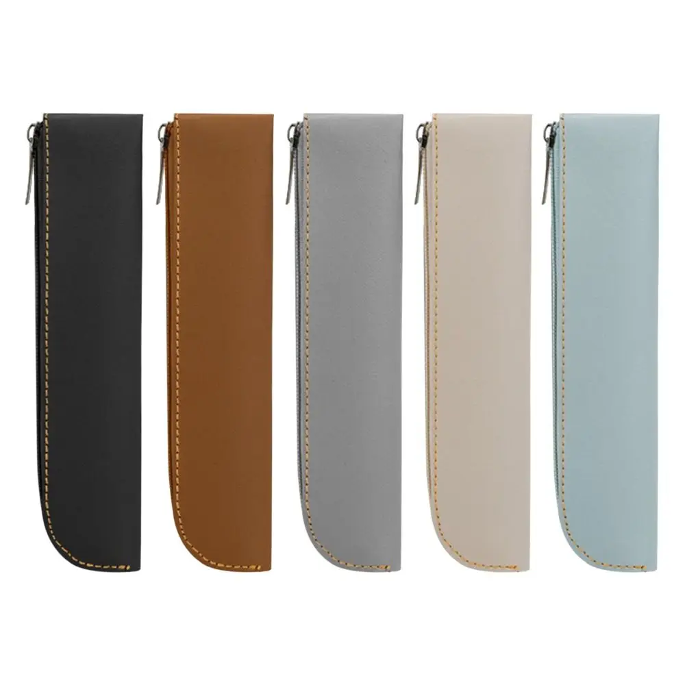 PU Leather Pen Pouch Solid Color PU Pencil Bags Large Capacity Pen Bags Holder Zipper Pencil Case Lightweight Office Supply