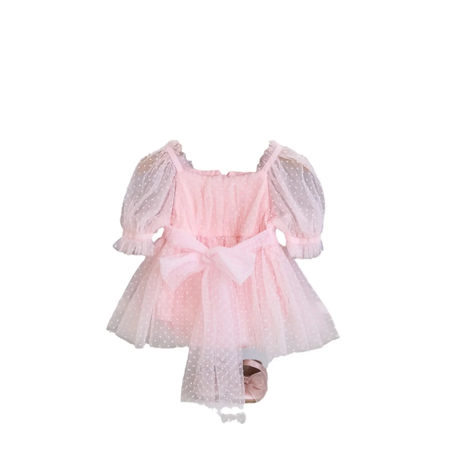 Sweet Princess Dress For Girls Baby Cotton Puff Sleeve Dress Summer Mesh Waist Tressel Baby Shoes And Accessories