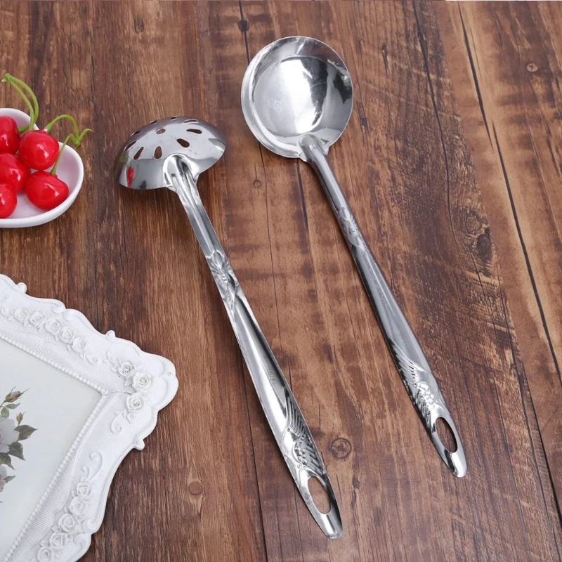 2Pcs Stainless Steel Large Soup Spoon Ladle Skimmer Colander Filter Kitchen Tool