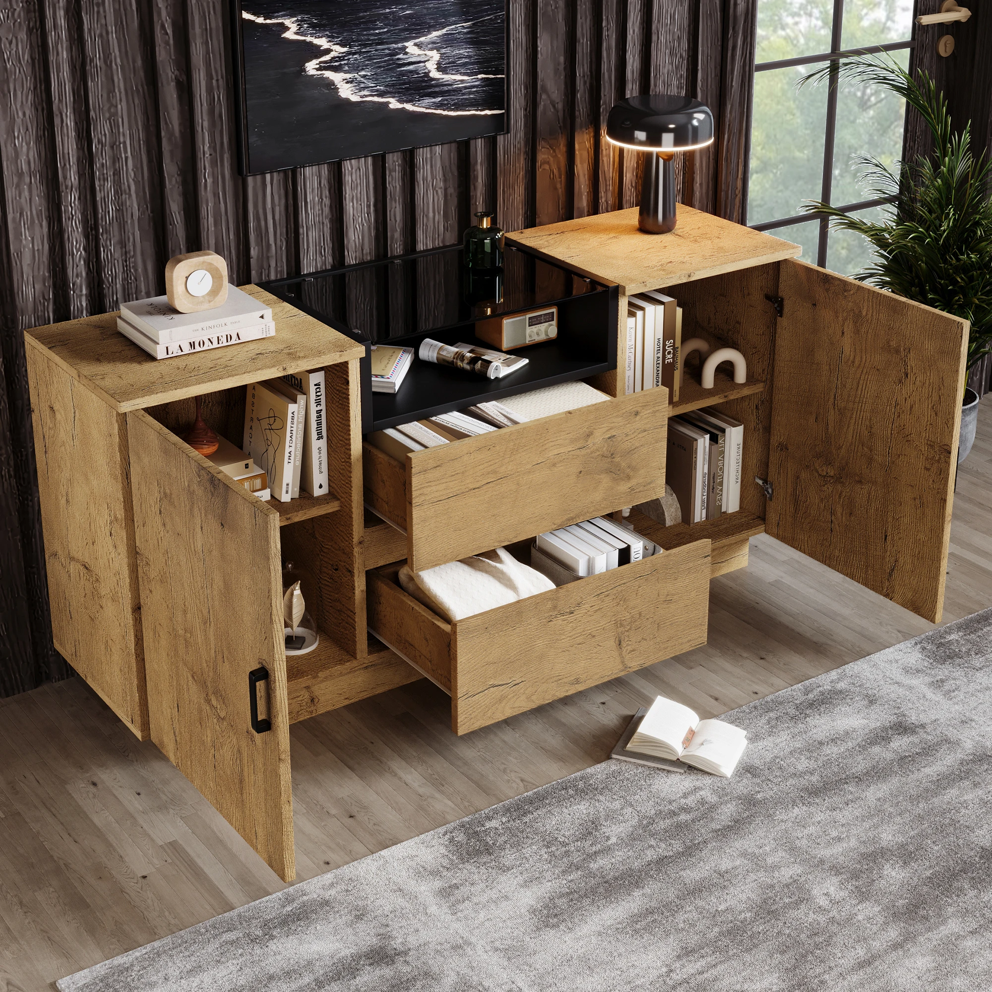 Eichen-Sideboard mit 2 Schubladen, 2 verstellbaren Schränken und offenem Fach – ESG-Glas & schwarze Griffe, H70/B140/T40 cm. – Detail 11