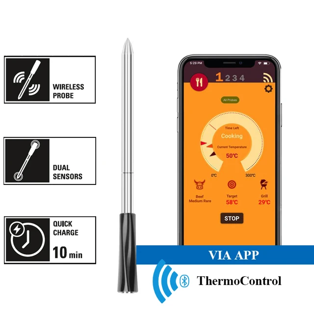 Smart Meat Thermometer with Bluetooth, 100ft Wireless Range for Deep F