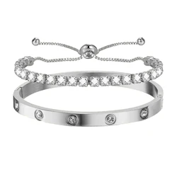 Elegant Stainless Steel Zircon - Embellished Bracelets - Non - Fading Luxury Women's Fashion Jewelry (2pcs silver bracelet)