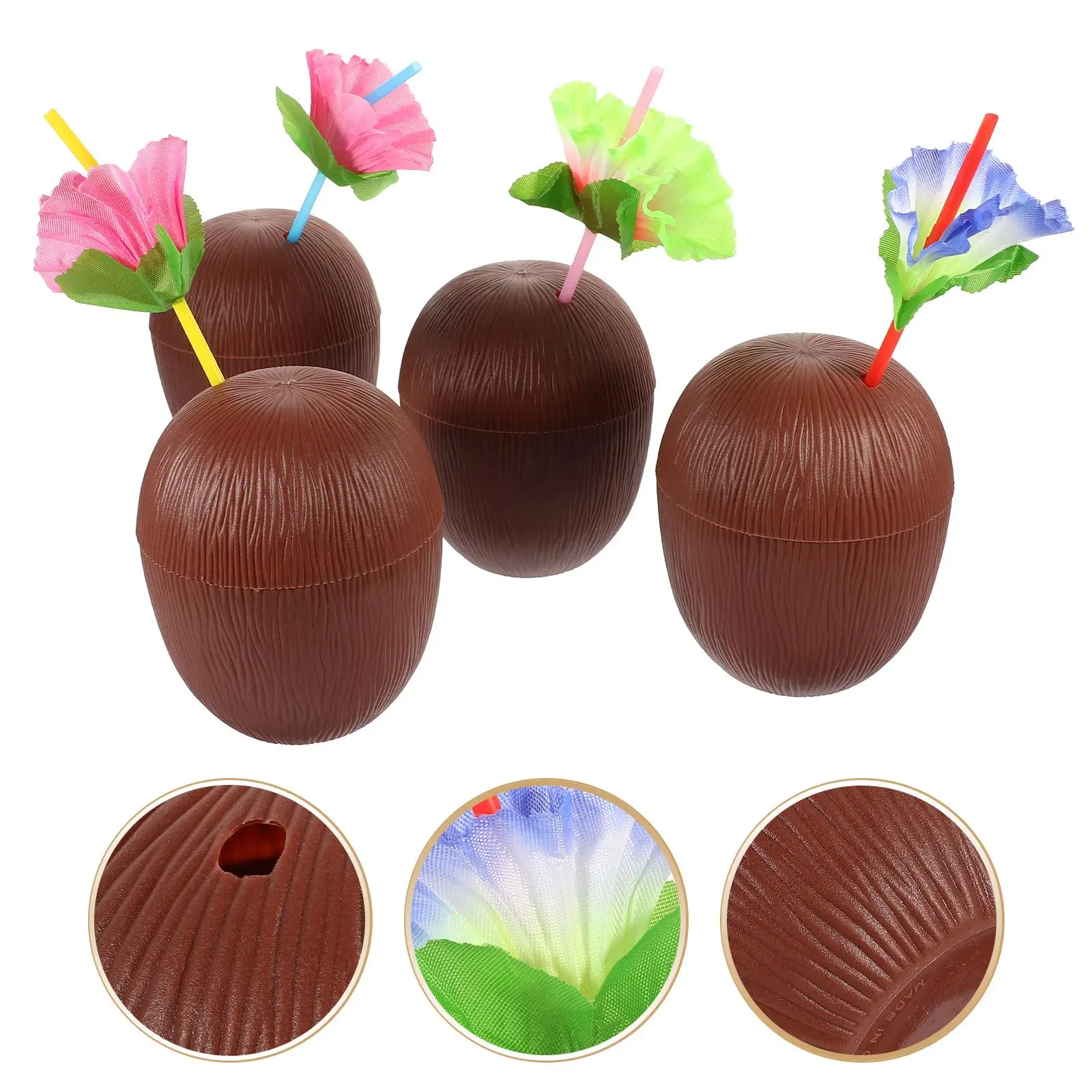 4 Pcs Coconut Cups With Straws Shaped Beverage Plastic Drinking Cups For Party Hawaiian Party Drinking Cup Beach Beverage