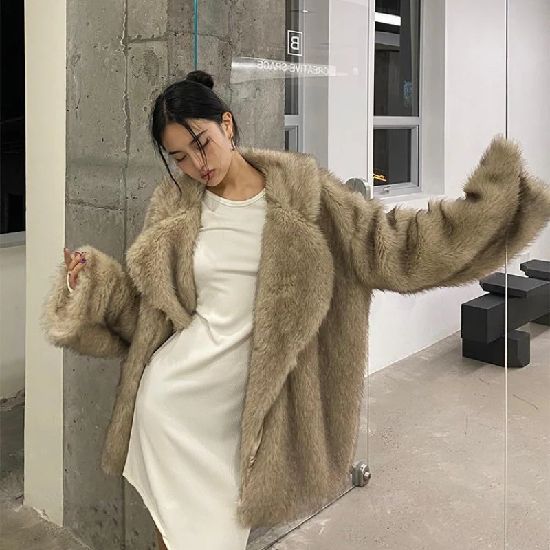 2023 Winter New Women Faux Fox Fur Coat Mid Length Version Elegant Lapel Loose Parkas Female Thick Warm Fashion Casual Outwear
