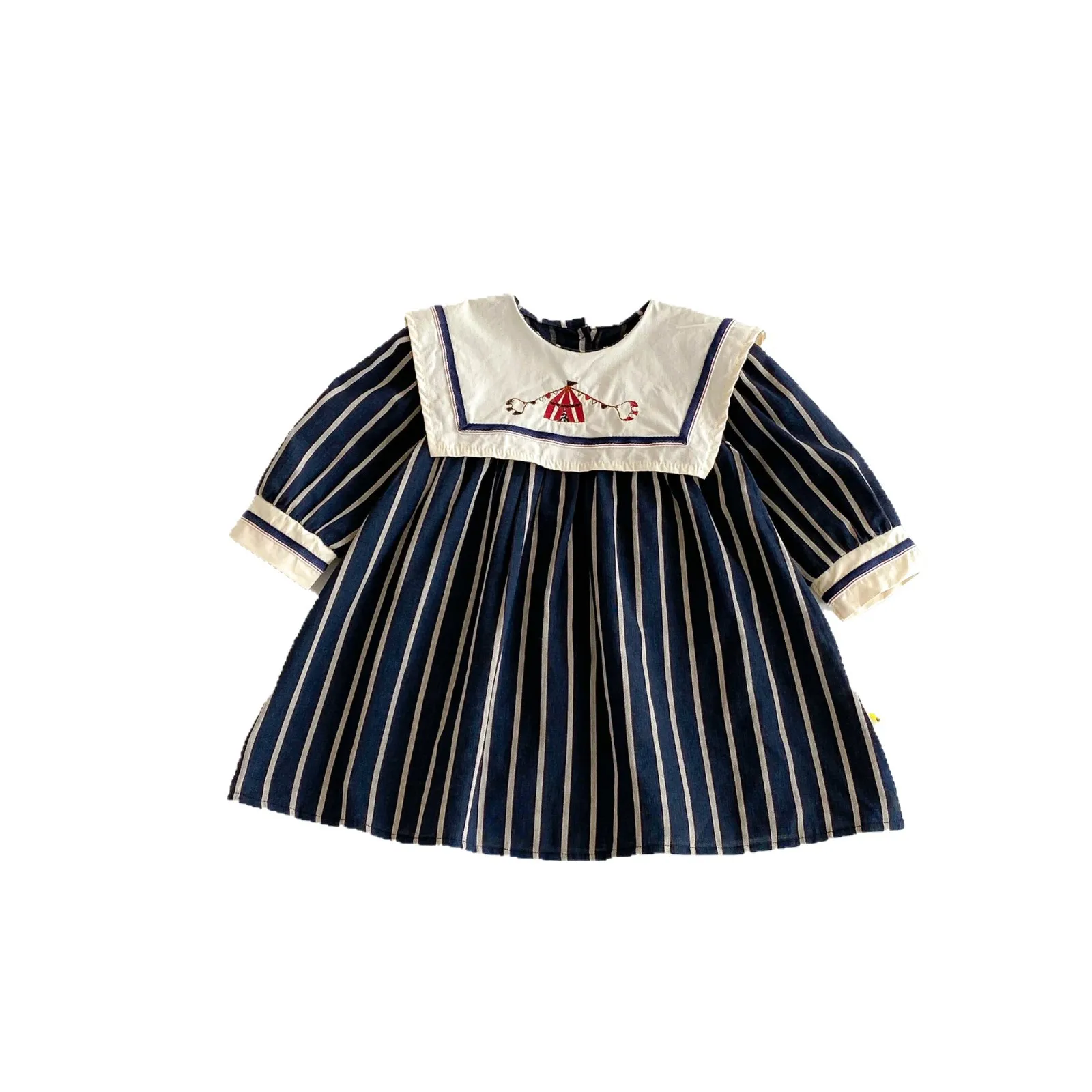Abito da bambina 2025 Autunno Nuovo abito ricamato per bambini retrò Abiti da principessa a maniche lunghe a righe - immagine 5