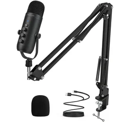 Professional USB Streaming Microphone Kit with Boom Arm for Recording and Podcasting (Black)