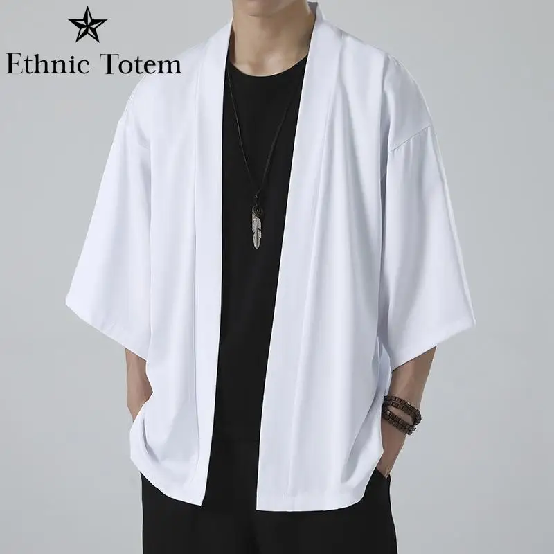 Kimono preto japonês masculino, capa, cardigã, branco, camisa de praia, haori, roupas de samurai, verão