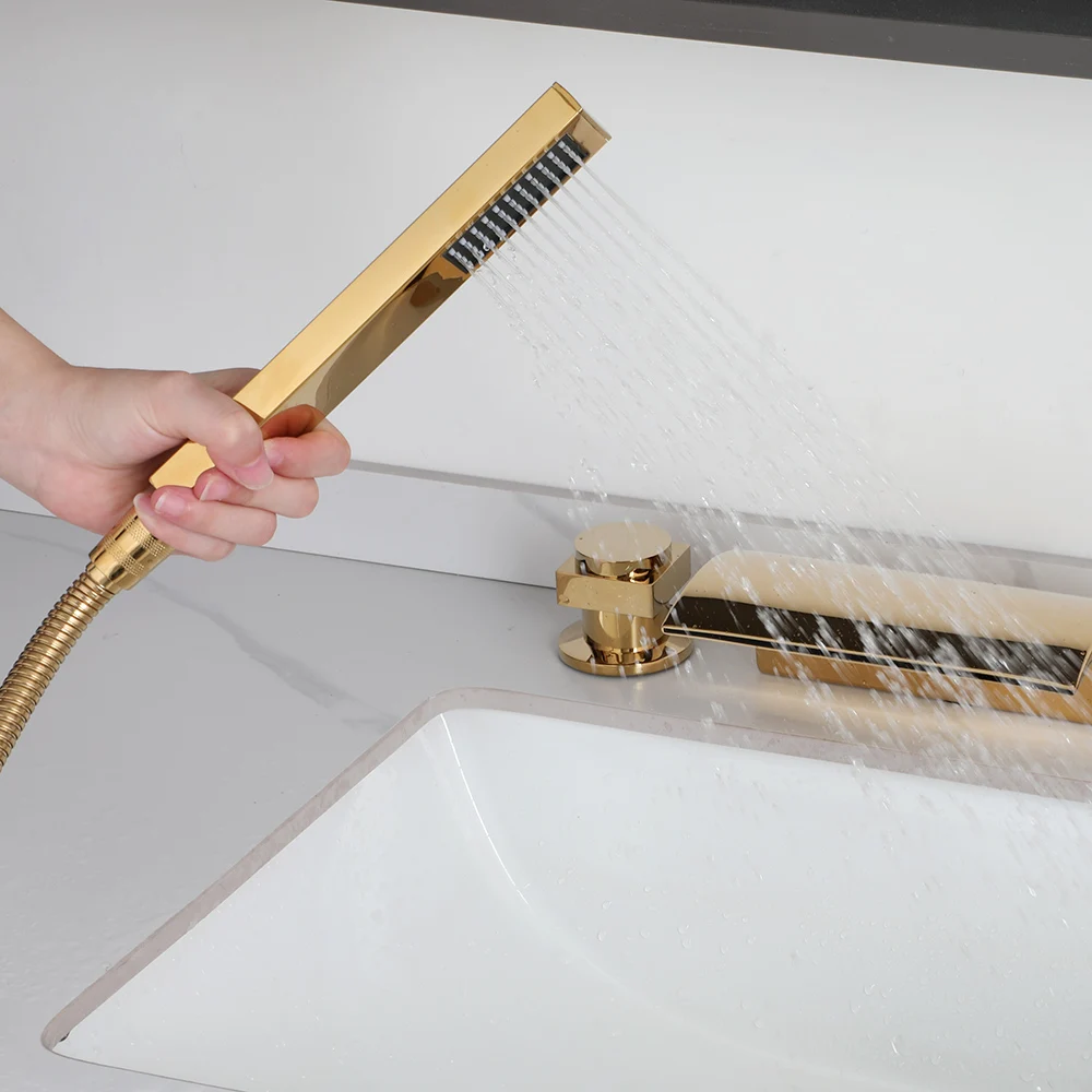 LED Brass Waterfall Filler Faucet with Handheld Shower Bathtub Faucet