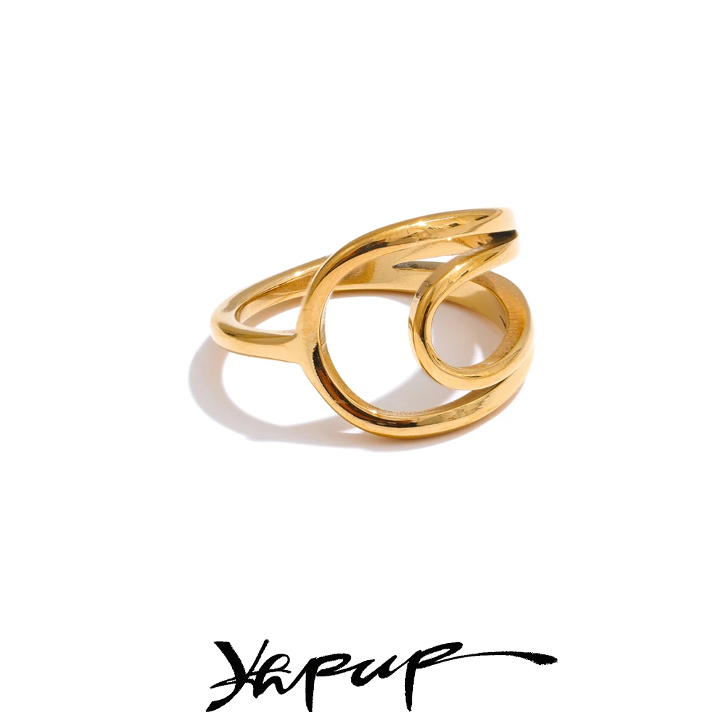 Yhpup Stainless Steel Hollow Geometric Golden Ring for Women