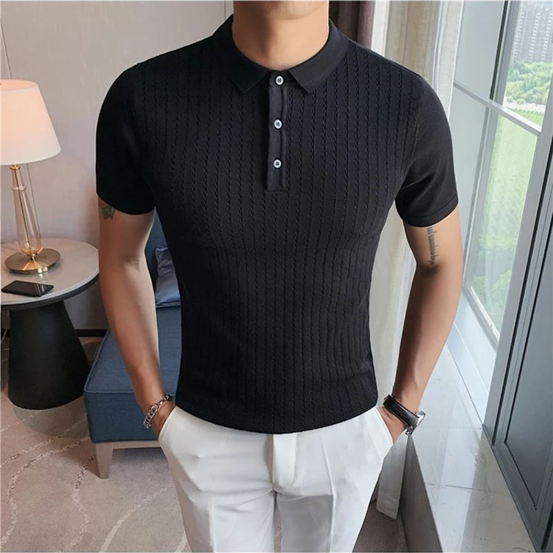 

Мужская футболка с отложным воротником Liseaven, черная приталенная футболка с коротким рукавом, в полоску, 2024