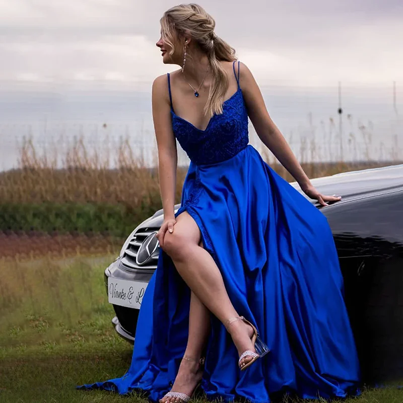 

BLUE Prom Dresses Elegant Backless Lace Appliques Evening Gown Lace-up Back A-line Slit Sweep Train Vestido De Noche for Women