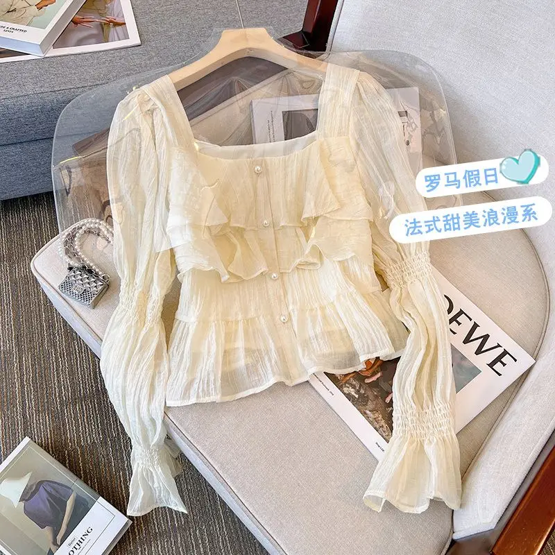 

Blouses Lace Square Collar Long Lantern Sleeve Blouse Spring Vintage Female Elegant Casual French Shirts Women Clothes F49