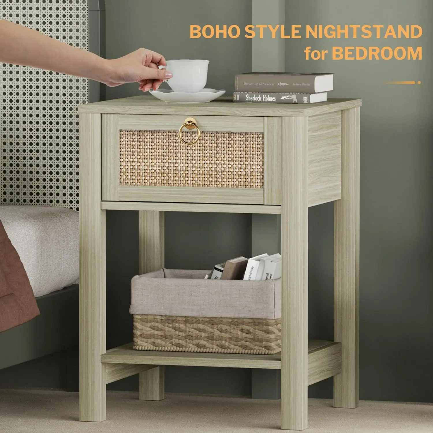 Nightstand Set of 2-Rattan Decor Drawer with Brass Knobs Night Stand Wood Bedside Table End Tables Side Tables