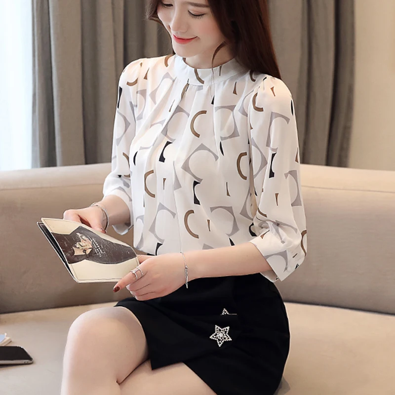 Women's Korean Summer Chiffon Blouse White Shirt Fashion Clothing Casual Blouses Office Shirts Ladies Tops 2480