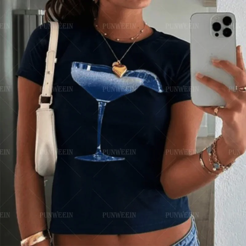 Vintage Goth Summer Tees High Street Emo Girl Short Tops Skull Print Short sleeve Causal Skinny Y2K Style Streetwear Crop tops