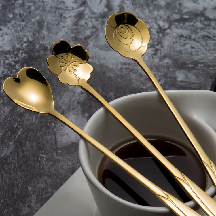 Description Picture 5 of item8/12Pcs Stainless Steel Cherry Rose Flower Gold Scoop Coffee Spoon Gifts Kitchen Dessert Tea Accessories Tableware Decoration