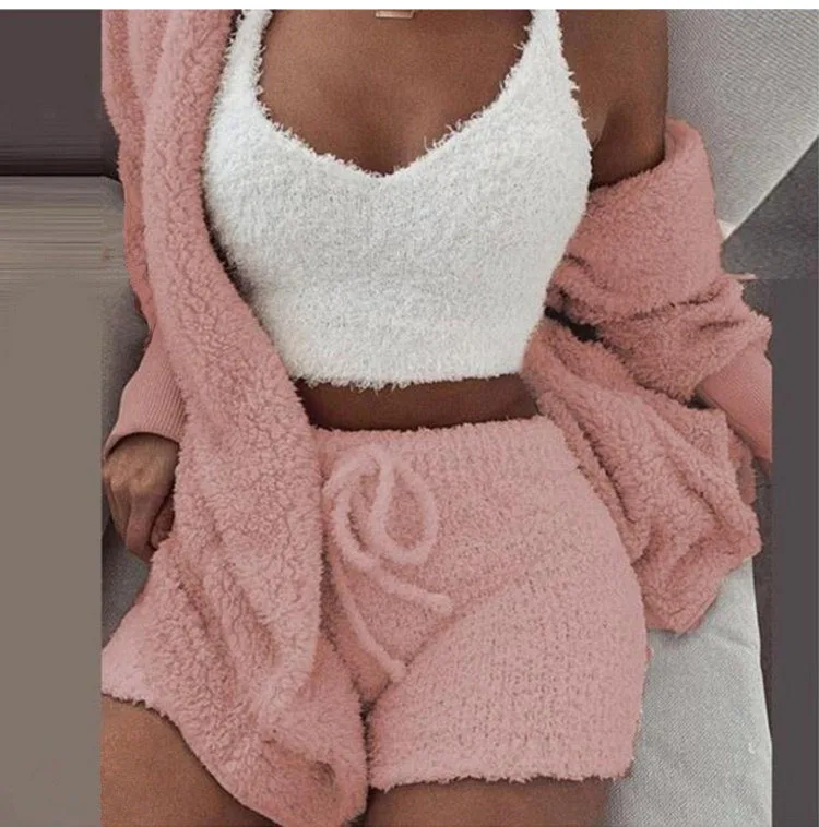 Sexy Fluffy Outfits Plush Velvet Hooded Cardigan Coat+Shorts+Crop Top Three Piece  Women Tracksuit Sets Casual Sports Sweatshirt loungewear sets