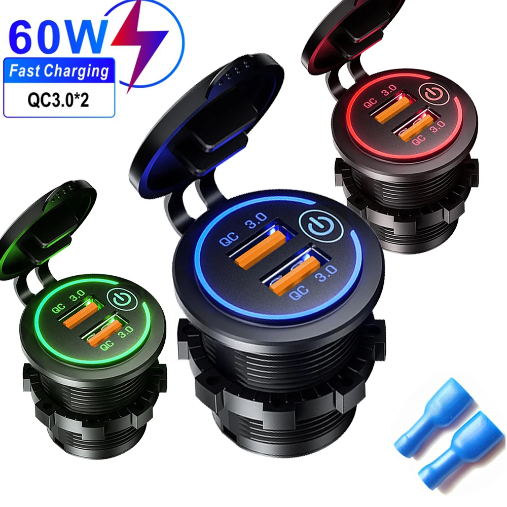 

60W QC3.0 Dual USB Charger Socket Power Outlet With Switch Car Motorcycle Fast Quick Phone Power Adapter Waterproof