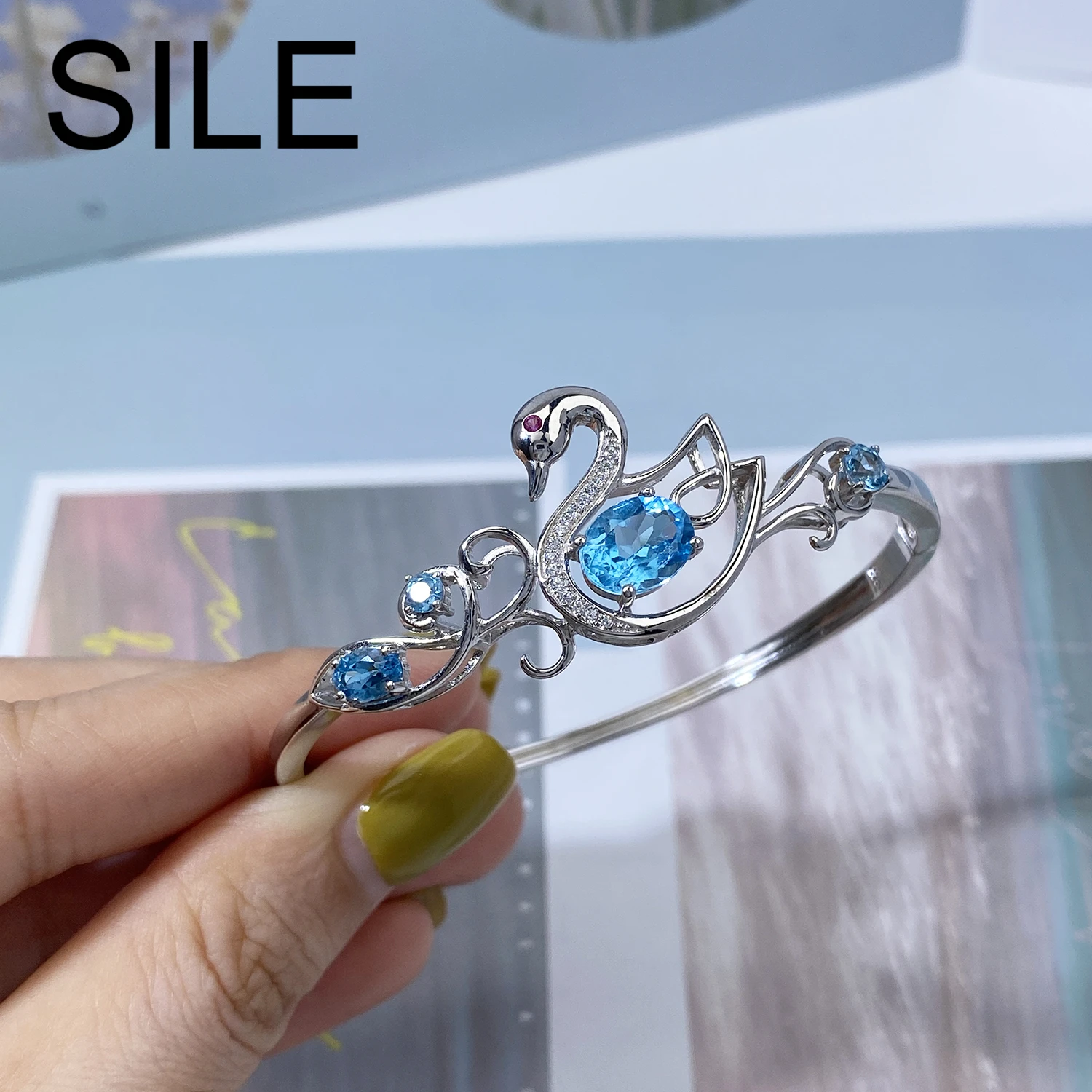 Sile Fashion Swan Natural Blue Topaz Bangles Women 925 Sterling Silver Luxury Bracciali Donna Bangle Wedding Engagement Jewelry