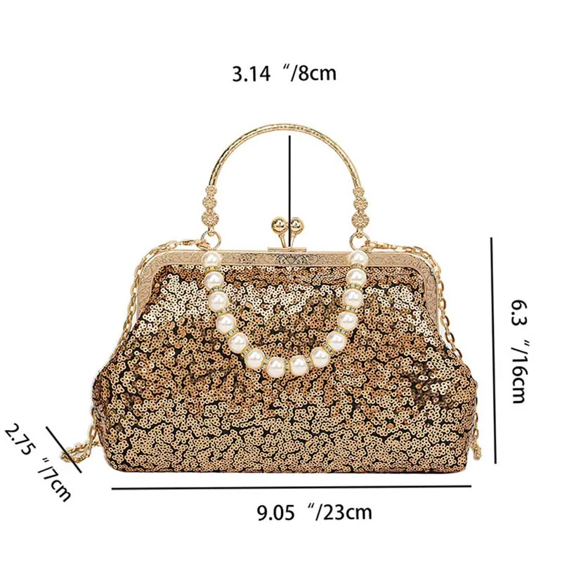 Pearl Chain Top Handle Sequins Clutch Handbag for Women Fashion Lady Glitter Wedding Evening Party Messenger Purse Shoulder Bag