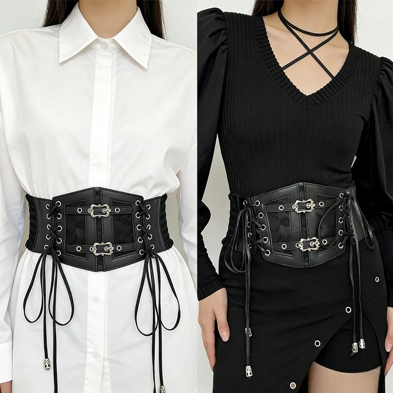 Gotischer Retro-Taillengürtel für Damen, Elastischer Spitzen-Kummerbund mit Punk-Metallschnalle, Goth-Partykleid-Accessoire – Detail 3