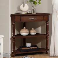 Small corner table for small Spaces, 33.8 "wooden triangular side table with drawers and 2 open shelves 1