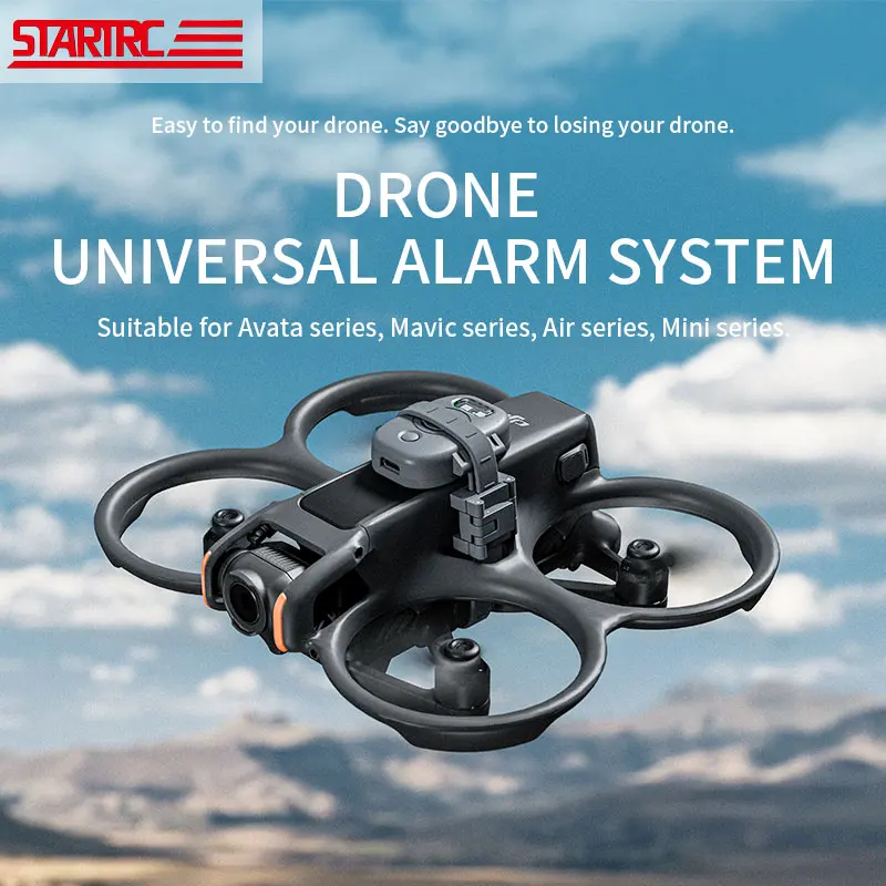 Vue rapprochée de l'alarme de drone STARTRC 120dB avec LED, montrant les haut-parleurs et les lumières