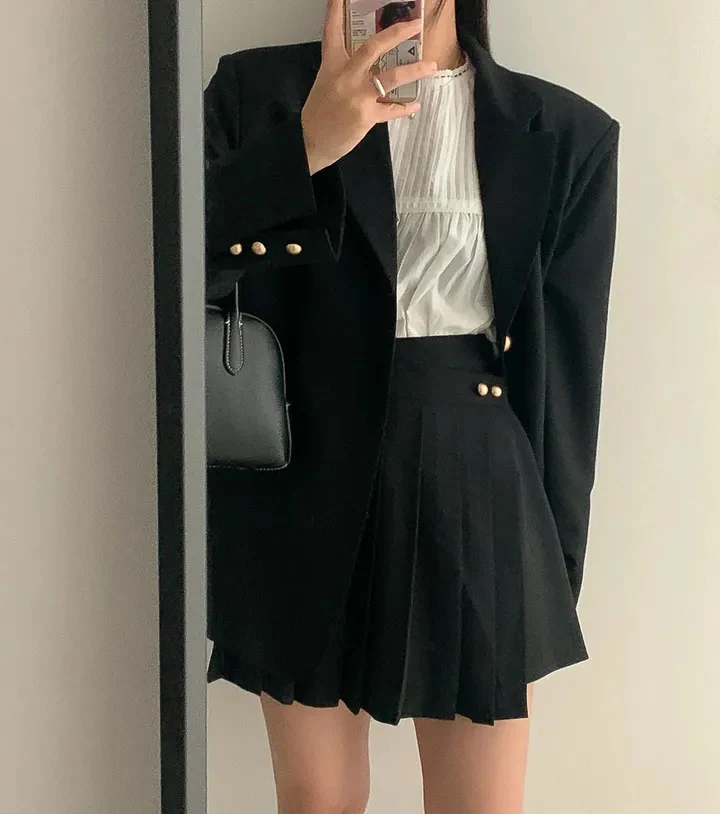 Korean Chic Two-piece Skirt Set Women Single Breasted Blazer Loose Jacket Solid Pleated Mini Skirt Autumn Office Lady Outfits