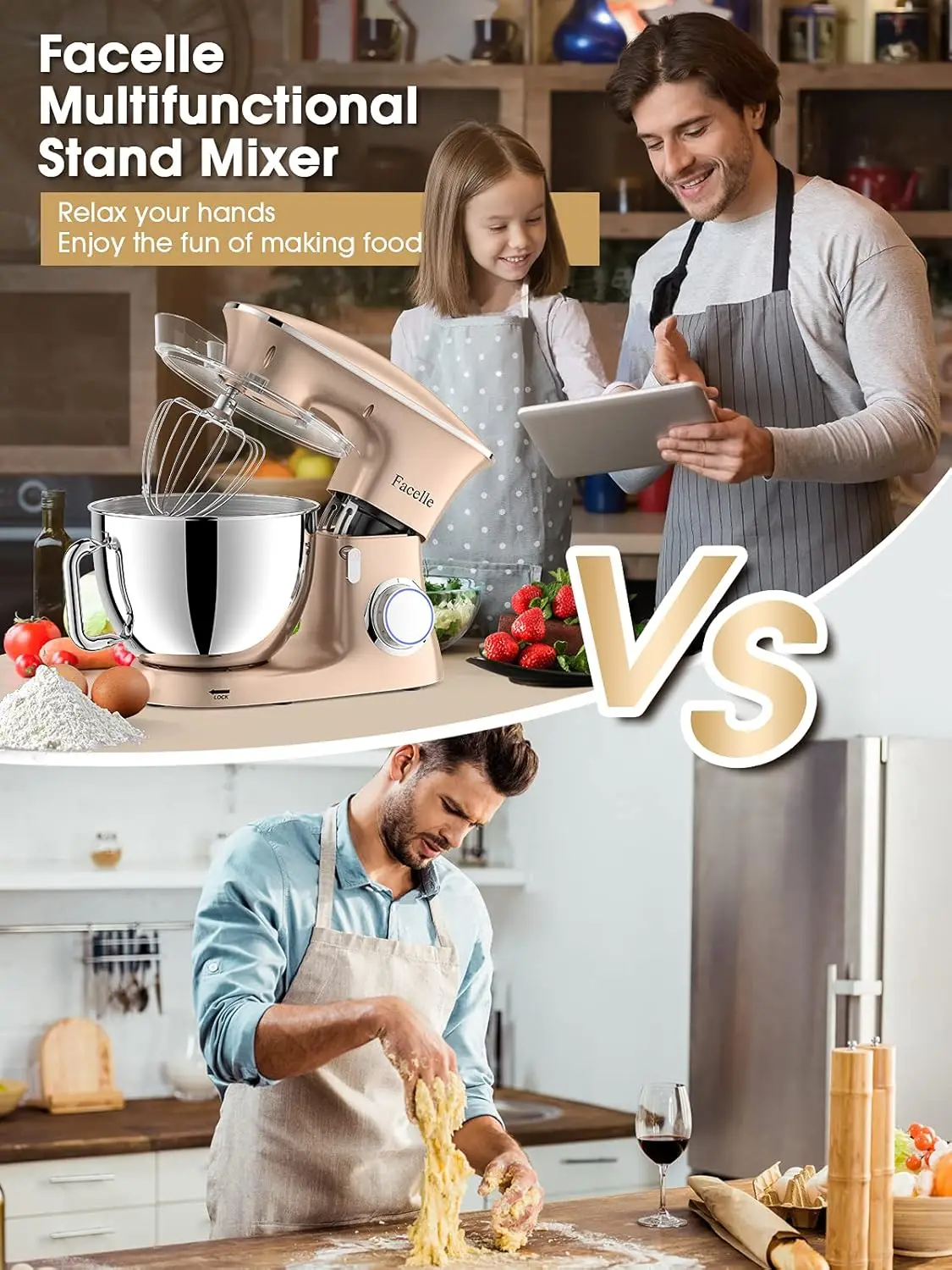 Kitchen Electric Stand Mixer, Facelle Cake Mixer for Baking 6-Speed 660W Tilt-Head Food Mixer with Beater, Dough Hook and Wire W 5
