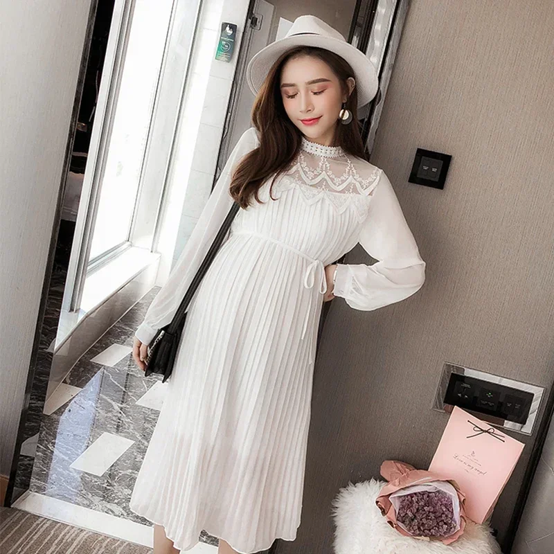 9310# Autumn Korean Fashion Pleated Chiffon Maternity Long Dress Loose Straight Clothes for Pregnant Women Pregnancy Clothing