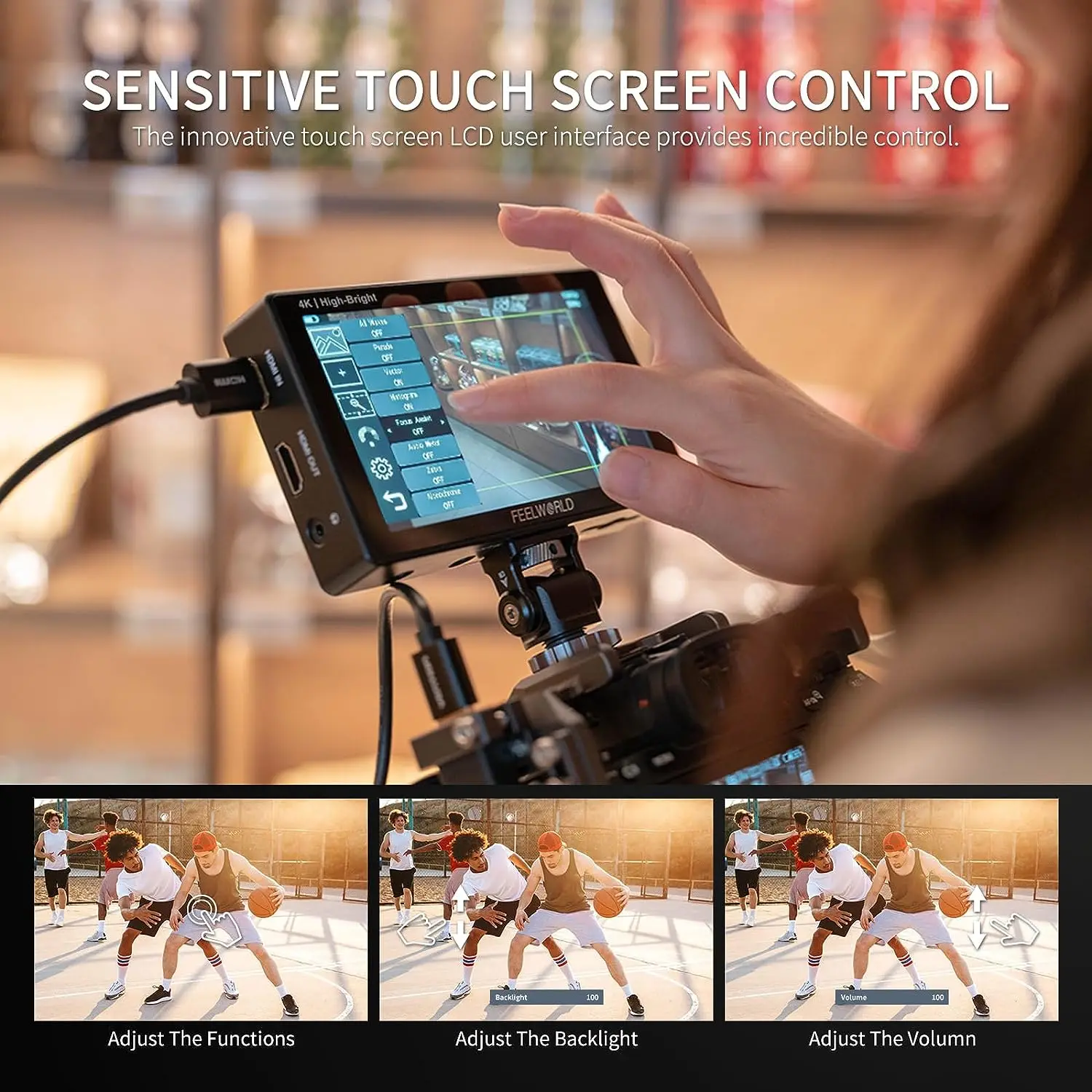 FEELWORLD LUT5E 5.5 Inch 1600nit High Bright Touchscreen DSLR Camera Field Monitor Light Sensor HDR 3DLUT with F970 External Kit