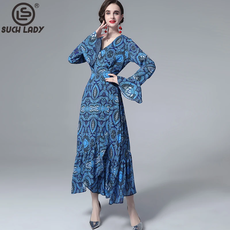 

Women's Runway Dress V Neck Long Flare Sleeves Printed Ruffles A Line Fashion Holiday Dresses