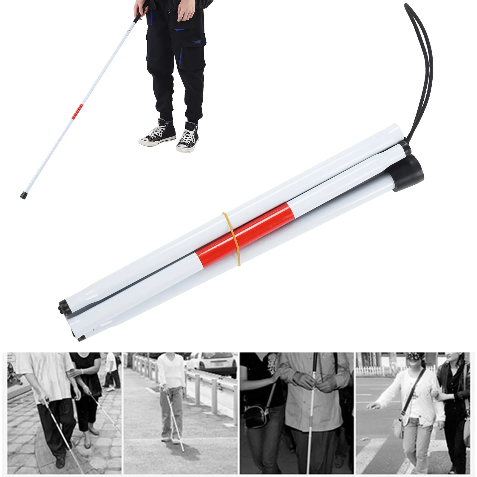 Blind Cane Stick for Visual Impaired Foldable Cane Collapsible Reflective White and Red Walking Stick