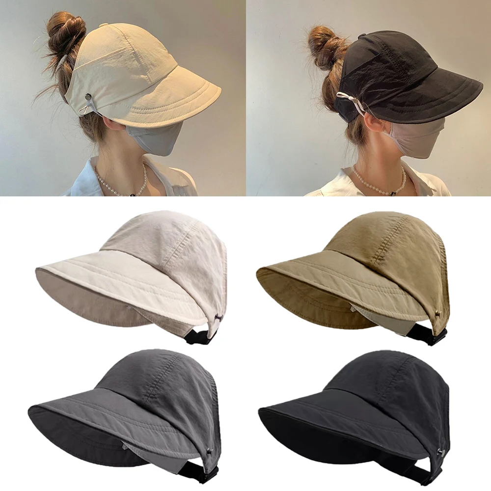 

Adjustable Wide Brim Sunhat Women Summer Outdoor Beach Sun Visors Ponytail Fisherman Caps Drawstring Hollowed out Bucket Hats