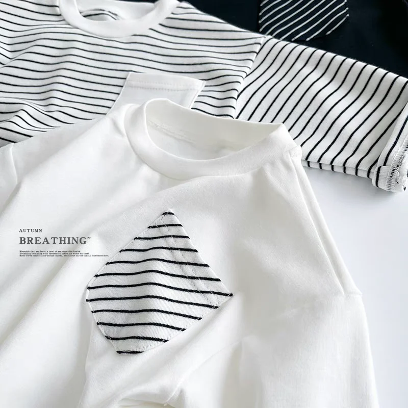 Fashion Striped Children Long Sleeved T Shirt Spring Autumn Loose Casual Kids Base Shirt Baby Boys Pocket Blouse Crewneck 1-6y