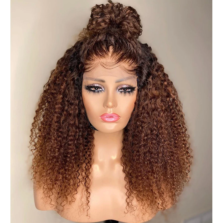 

Soft Preplucked Ombre Honey Blonde Brown 180Density 26"Long Kinky Curly Lace Front Wig For Black Women Babyhair Glueless Daily