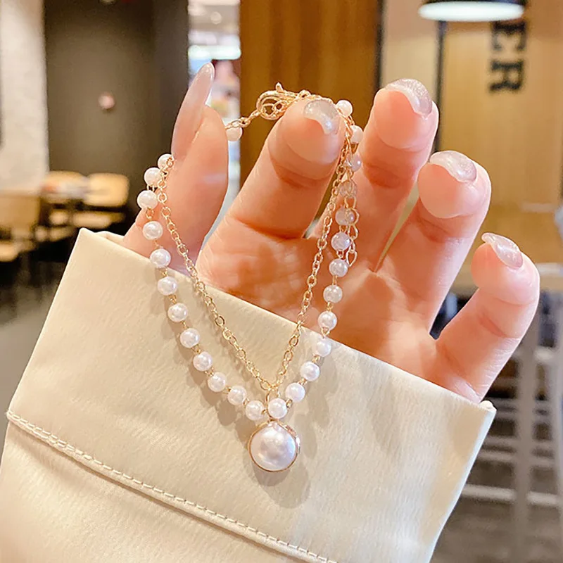 New Cute Double Layer Chain Gold Choker Necklace Women Korean Style Pearl Pendant  Simple Necklace Fashion Jewelry Collar