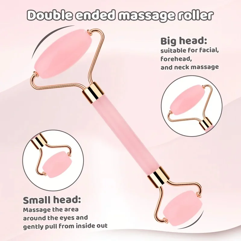 Portable Jade & Rose Quartz Facial Roller and Scraping Board Set - Revitalizing Skin Care & Beauty Tools for Face, Neck, and Body Massage