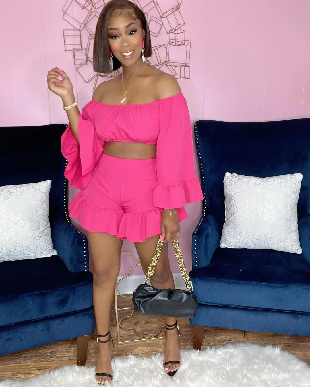 H.Y 2022 Summer New Women's Fashion Sexy Fresh And Sweet Solid Color Off-The-Shoulder Ruffled Shorts Two-Piece Set K7041