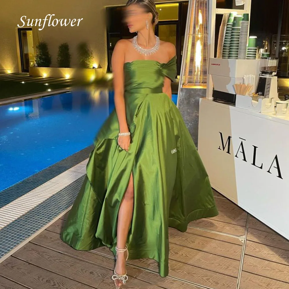 

Sunflower Green One-Shoulder Prom Gowns Ruffles A-LINE Evening Dress Slim Side Split Party Dress 2023 Satin High-end Custom