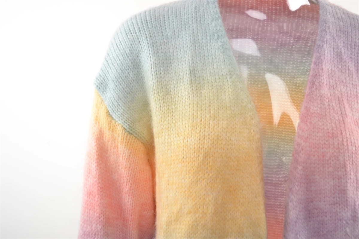 2024 New Winter European American Sweaters Rainbow Tie-dye Mid-length Oversized Cardigan Women Knitwear Jacket Long Sleeved Tops