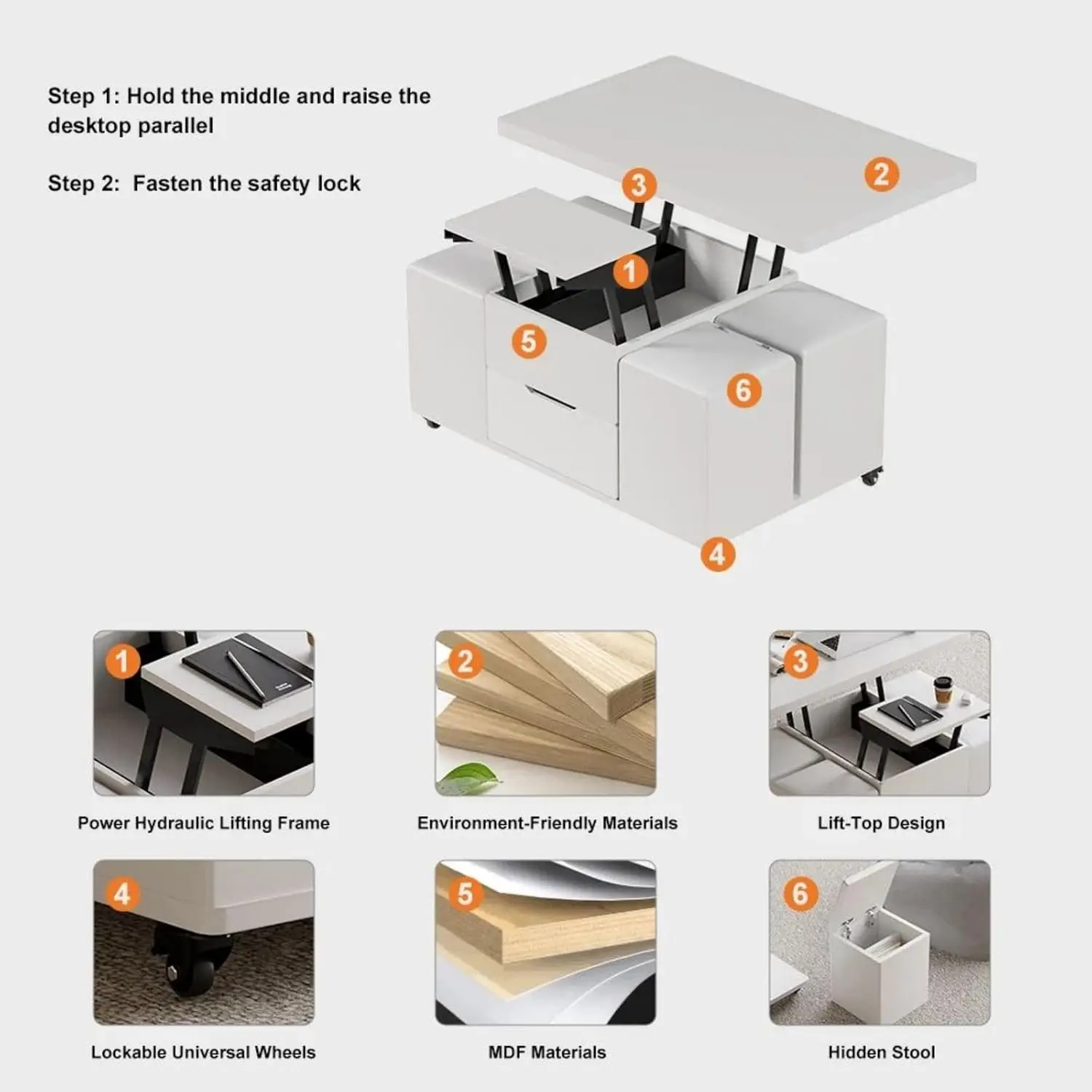 homary White Lift Top Coffee Table with Hidden Storage, 3 in 1 Multi-Function Modern Folding Center Table with 4 Stools and Cast 3