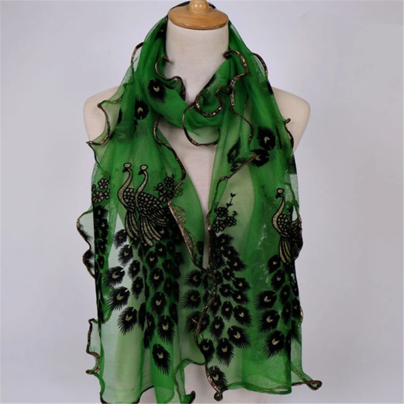 New Design Women Chiffon Peacock Feather Flower Embroidered Lace Stylish Scarf Long Soft Wrap Shawl Ladies |