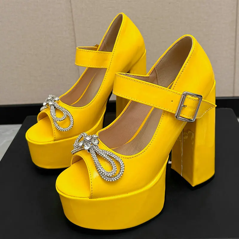 

Peep Toe Bright Yellow Blue Color Crystal Bowtie Knot Summer Mary Janes Pumps Women Shoes Block High Heels Platform Sandals