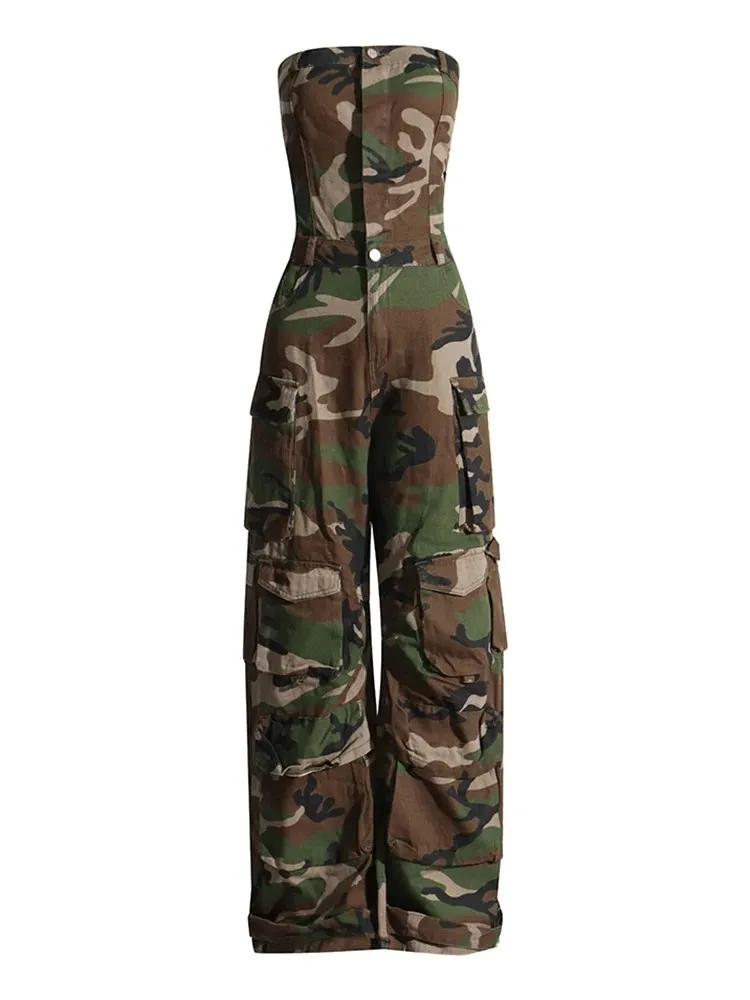 BPN Camouflage Printing Patchwork Pockets Cargo Jumpsuits For Women Slash Neck Sleeveless High Waist Chic Jumpsuit Female Style