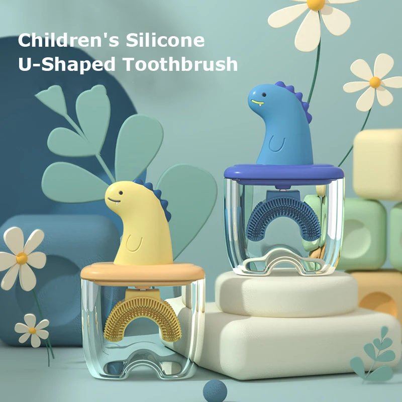 Children 360 Degree Dinosaur Manual Toothbrush Kids Silicone U-shaped Tooth Brush Cartoon Gift For 2-14 Years Old