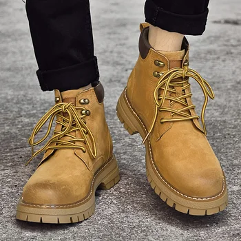 Winter Warm Plush Fashion Men’s Leather Cowboy Boot Outdoor Casual Leather Handmade Sneakers Young Shoes Yellow Men Travel Boots