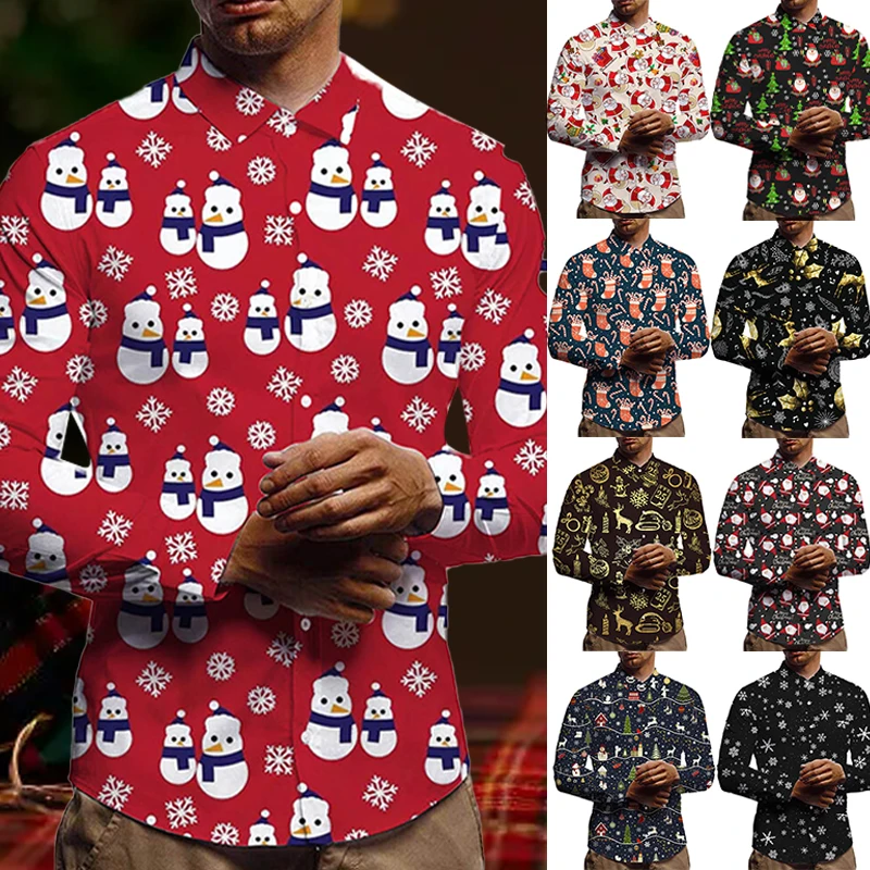 Men Christmas Shirts Xmas 3D Printed Long Sleeve Blouse Holiday Party Tops Slim Fit Tee Shirt For Men Harajuku Lapel Shirts
