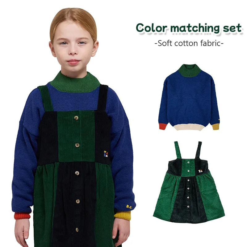 

Sweater Boys/Girls Fashion Suit Winter/Autumn Kids Teens Knitwear T-Shirt+Dress With Shoulder-Straps Suit Children Clothes Set